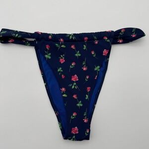 Blue Floral Print High Cut Cheeky Bikini Bottoms Thong Style Women Small